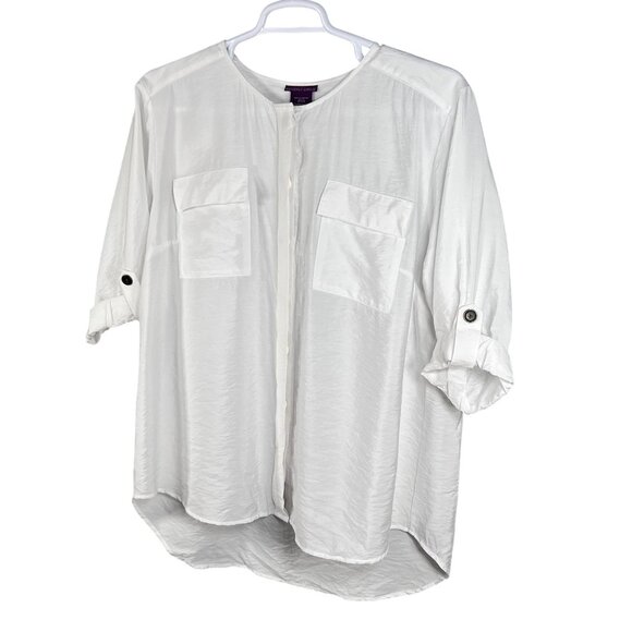 Beverly Drive NWT Women 2X Winter White Blouse Hidden Placket 3/4 Tab Sleeve Top - Picture 7 of 14